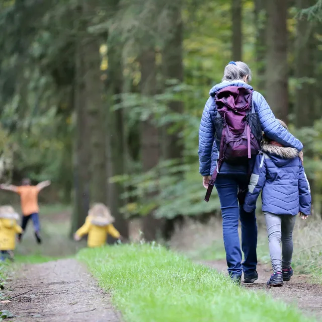 Family walking peacefully through a forest, children playing in the background