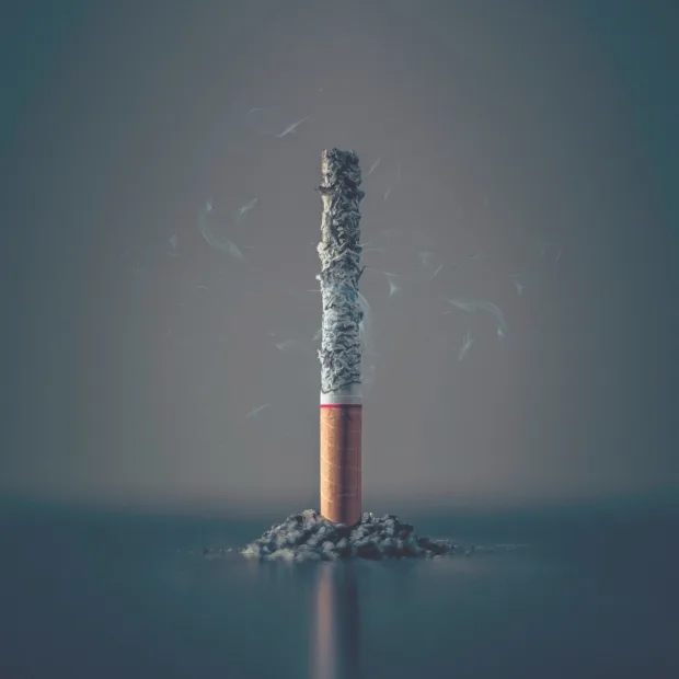 Une cigarette consumée jusqu'au filtre, debout sur un petit tas de cendres